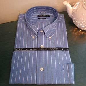 NWT Nautica Men's Classic Blue & White Fitted Pinstripe Button Down Shirt (XL)